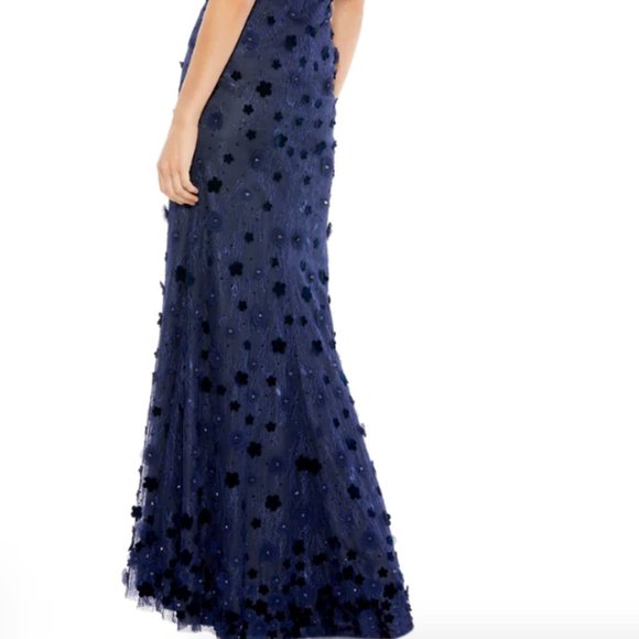 MAC DUGGAL FLORAL APPLIQUE FLUTTER SLEEVE MIDNIGHT ANVY GOWN sz 4 - Picture 5 of 5